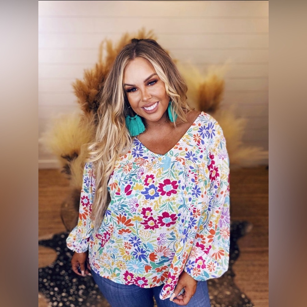 Plus Spring Flowers V-Neck Top